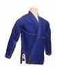 Professional Brazilian Jiu Jitsu uniform in royal blue with traditional cross hatch skirt design, wide collar, and competition cut. Features Budo logo patch on shoulder. Made from 100% cotton for serious competitors.