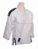 High-quality white Brazilian Jiu Jitsu uniform with traditional cross hatch skirt design, wide collar, and tight competition cut. Features Budo World logo patch on shoulder. Made of 100% cotton for serious competitors.