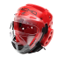 Clear protective face shield with red padded headgear for martial arts. Lightweight polycarbonate design with air vents for breathability and visibility. Attaches securely to Macho Dyna headgear, offering impact resistance and enhanced peripheral vision for combat sports.